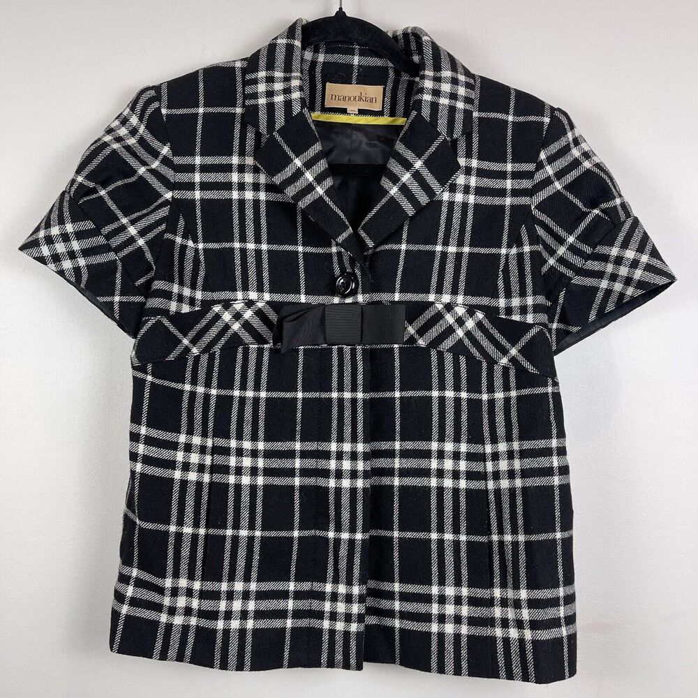 Manoukian Cropped Jacket Women Sz 8 Black Plaid Buttons Bow Preppy Academia Twee